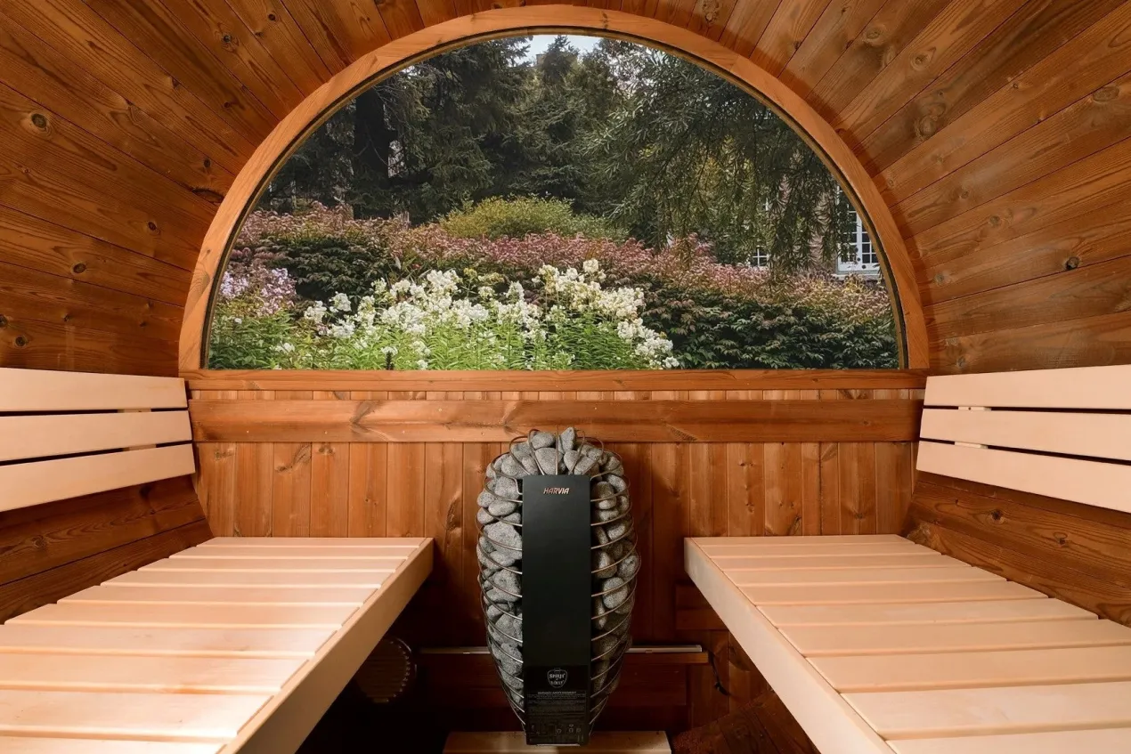 Almost Heaven Evander 6-Person Half-Moon Canopy Barrel Sauna (Heritage Collection)