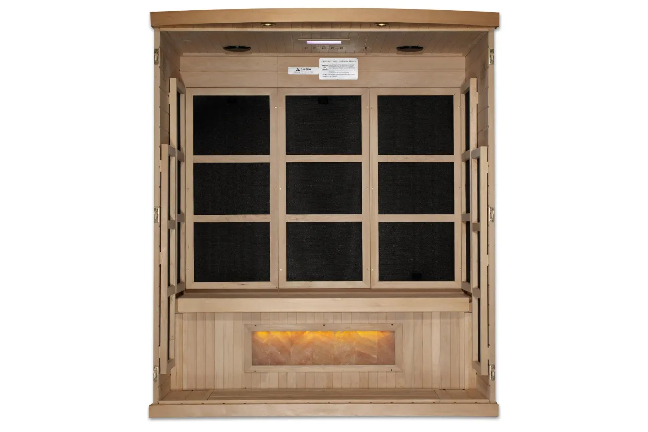 Golden Designs "Hotel" 3-Person Near-Zero EMF FAR Infrared Sauna w/ Himalayan Salt Bar