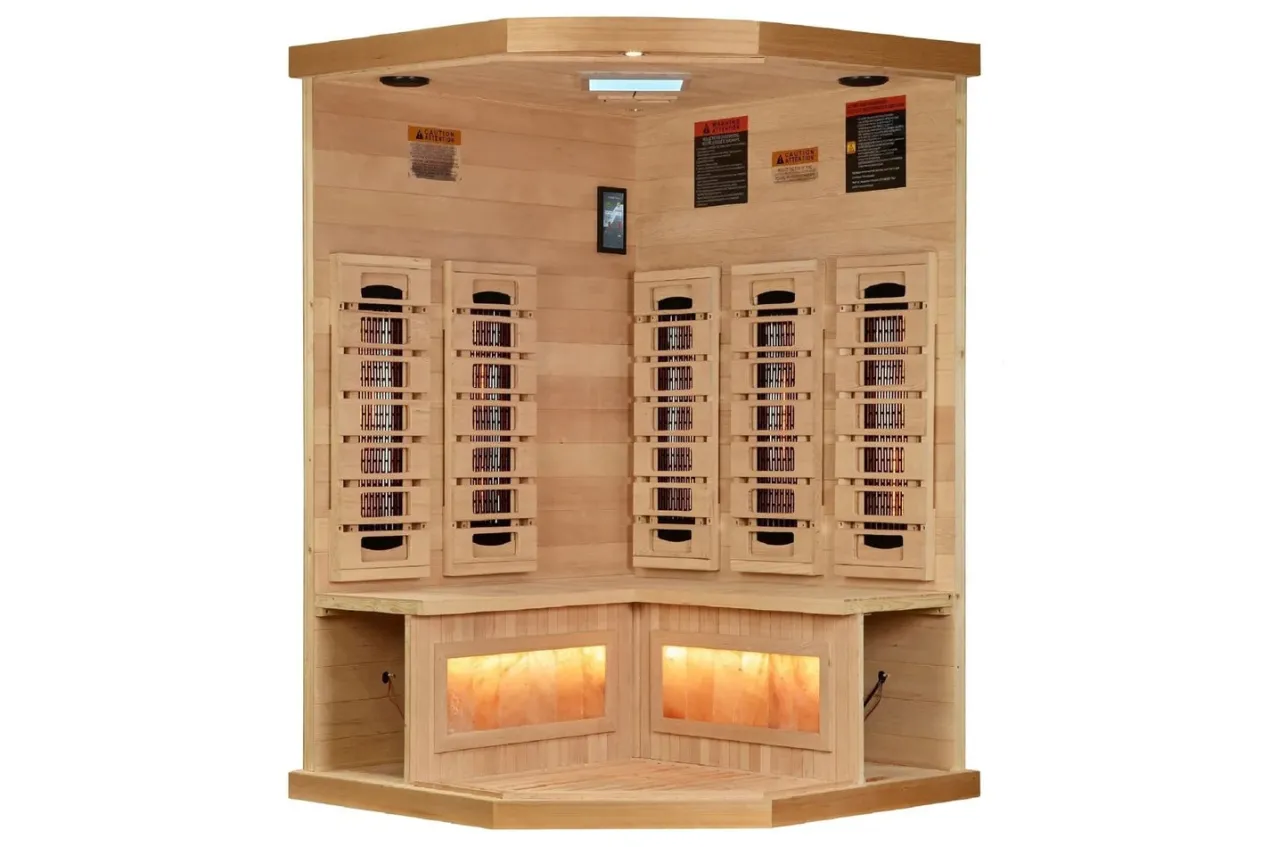 Golden Designs 2-3 Person 8000 Reserve Series Corner Infrared Sauna (w/ Himalayan Salt Bar)